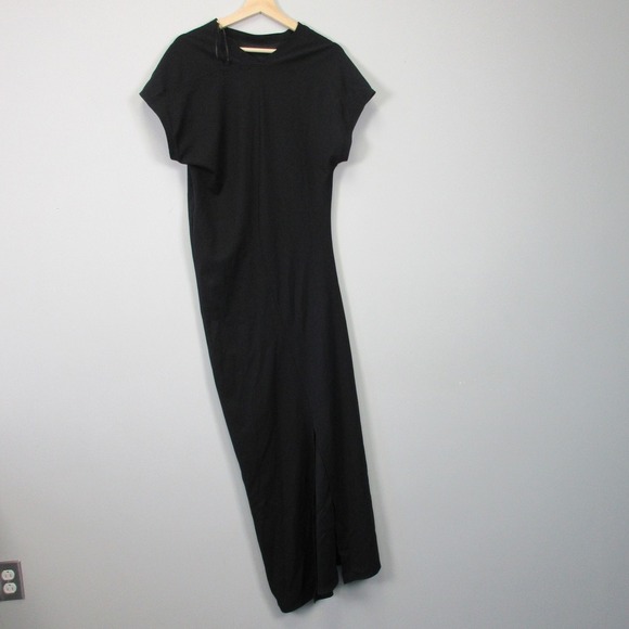 Zara Womens Maxi Dress L Black Short Sleeve Slit Asymetric Minimalist Party 394 - Picture 2 of 11